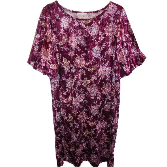 Dress Velvet Puffed Short Sleeve knee-length Floral Burgundy retro - Picture 8 of 8